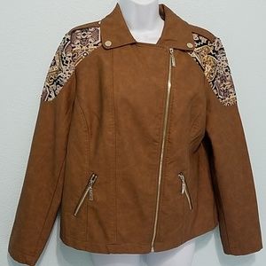 CHICO'S Size 1 Faux Leather Jacket Brown Side Zip